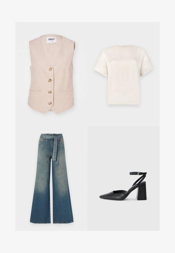 Beige corduroy vest met een V-halsontwerp, vijf gouden knopen aan de voorkant en twee zijzakken. Soepele textuur met een geribd patroon.; Korte mouwen crew neck t-shirt in gebroken wit, gemaakt van een gladde stof, met een comfortabele pasvorm en minimale stiksels op de mouwen.; Wijduitlopende denim broek met een lichte naar donkere blauwe gradient, hoge taille, riemlussen en een bijpassende stoffen riem. Gestructureerde denimafwerking.; Zwarte leren puntige pump met een enkelbandje en een chunky hak. Vlakke textuur, strakke vormgeving en minimalistische esthetiek.