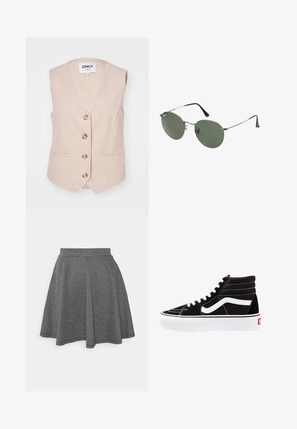 Bežna kordurova brezrokavnik z V-izrezom, petimi zlatimi gumbi spredaj in dvema stranskima žepoma. Gladka tekstura z rebrastim vzorcem.; Dve brezrokavne majice v črni in beli barvi, izdelane iz rebrastega bombaža, z okroglimi izrezi in prilegajočim oblikovanjem. Oznake so vidne na obeh.; Karirana krilna suknja u crno-beloj kombinaciji sa uskim pojasom i raširenim rubom, izrađena od teksturiranog materijala koji prikazuje klasični uzorak.; Črne visoke superge z belimi vezalkami, belim logotipom in kontrastnim belim šivom. Imajo debel bel podplat in teksturirano usnje.; Sončna očala z ovalnimi zelenimi lečami v kovinskem okvirju. Tanjši srebrni kovinski okvir in črne ušesne konice. Minimalistična zasnova, brez vidnih logotipov.