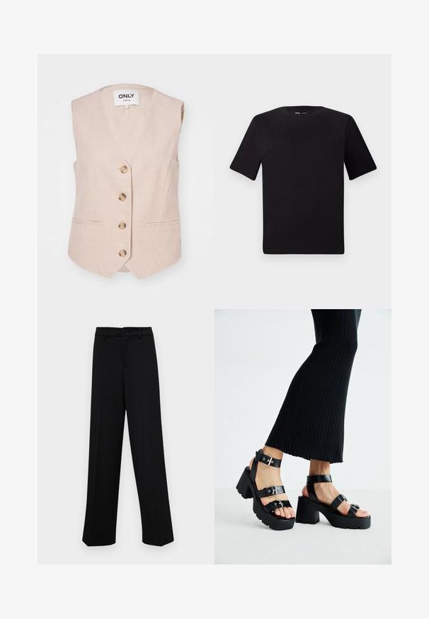 Gaišbrūns korduroja veste ar V formas kaklu, pieci zeltaini pogas priekšpusē un divas sānu kabatas. Gluda tekstūra ar ribotu rakstu.; Melnas īsām piedurknēm T-krekls ar apaļu kakla izgriezumu, izgatavots no mīksta kokvilnas auduma. Vienkāršs dizains, bez redzamām logo vai rakstiem.; Melnas platajās bikses, kas izgatavotas no gludas auduma, ar klasisku jostu un pogu aizdari, kā arī priekšējām kroku detalizācijām.; Melnas platforma siksnas ar masīviem, zolei ar iegriezumiem un daudzām siksnām, kurām ir metāla sprādzes un gluda ādas līdzīga tekstūra.