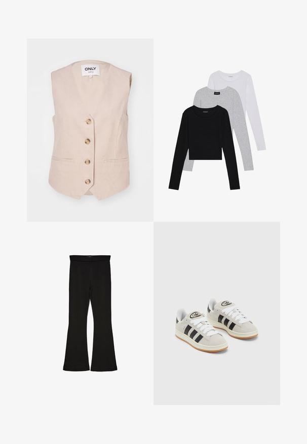 Beige corduroy vest with a V-neck design, five golden buttons down the front, and two side pockets. Smooth texture with ribbed pattern.; Three long-sleeve tops stacked: black, grey, and white. Each has a round neckline and a cropped design with smooth, lightweight fabric.; Black flare leggings made from stretchy fabric. Features a wide waistband and a smooth texture, with a fitted silhouette that flares at the hem.; Gray suede sneakers with white laces, black stripes, and a white rubber sole. Features a circular logo on the tongue and a gum sole.