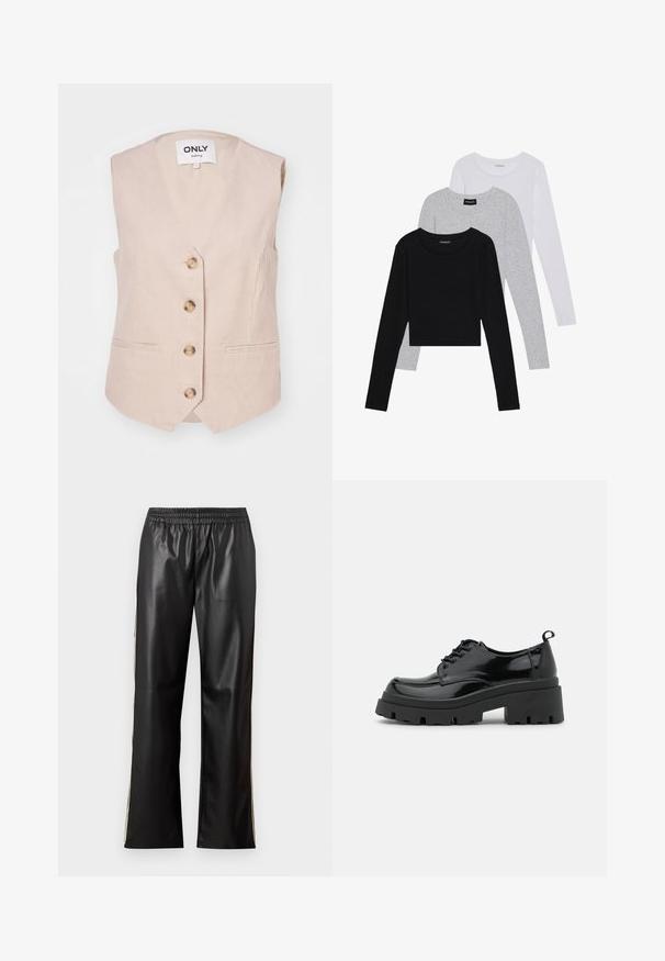 Beige korduroy vesta s V-článkem, pět zlatých knoflíků vpředu a dvě boční kapsy. Hladká textura s žebrovaným vzorem.; Tři trička s dlouhým rukávem naskládaná na sobě: černé, šedé a bílé. Každé má kulatý výstřih a kratší střih z hladkého, lehkého materiálu.; Černé kalhoty z umělé kůže s elastickým pasem, rovný střih a kontrastní boční pruhy. Hladká textura a minimalistický styl.; Černé lakované kožené boty s robustní platformou a silnými tkaničkami. Zakulacená špička, minimální detaily a malý pásek na patě.