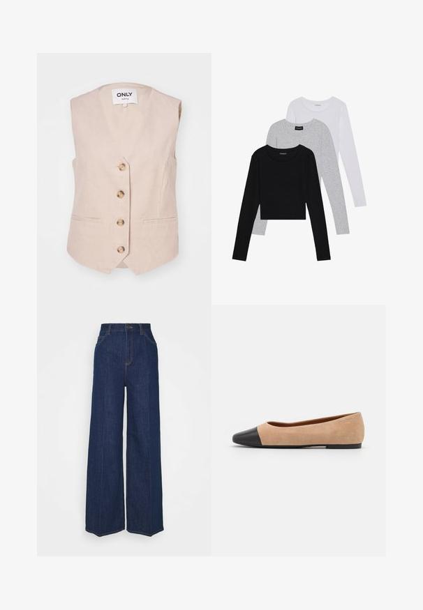 Bež prugasti prsluk s V-izrezom, pet zlatnih dugmadi sprijeda i dva bočna džepa. Glatka tekstura s rebrastim uzorkom.; Tri dugih rukava posložena: crna, siva i bijela. Svaka ima okrugli izrez i skrateni kroj s glatkom, laganom tkaninom.; Tamno plave traperice s visokim strukom i širokim nogavicama, s prednjim i stražnjim džepovima, zatvaračem na gumb i vidljivim detaljima šivanja.; Bež balerinke od suede materijala s crnim kožnim zaobljenim vrhom, niskom potpeticom i glatkom površinom, s minimalnim šavovima i čistim dizajnom.