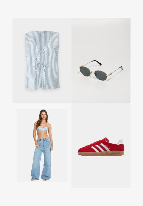 Käeaukudev puuvillane topp, millel on V-kujuline kaelus, vertikaalsed sinised ja valged triibud ning ees oleva lipsu detail, pakkudes mugavat istuvust.; Valge pika varrukaga nööbiga särk, mis on valmistatud puuvillast, klassikalise krae ja rinna peal oleva diskreetse logoga, millel on kollased nööbid.; Hele sinine lilleline rinnahoidja, mis on sobitatud laia jala hele sinise denimpüksiga. Mugav istuvus koos lõdva siluetiga ja klassikaline nööpidega kinnitamine.; Punane sametist tennisekes, millel on valge kolmestriibuline disain ja kuldne "Gazelle" tekst. Varustatud kummist tallaga ja tekstureeritud kontsaga.; Kuldmetallilised prillid ovaalsete läätsega ja tumeda tooniga läätsed. Mustad atsetaatkatted käeotsades. Brändi nimi "QUAY" küljes.