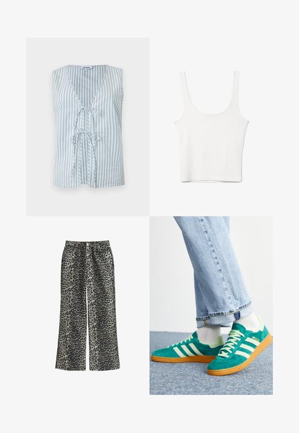 Top in cotone senza maniche con scollo a V, righe verticali blu e bianche e dettaglio con nodo nella parte anteriore, che offre una vestibilità comoda.; Top in cotone bianco senza maniche, con scollatura ampia e linea aderente. Tessuto liscio, design semplice e dettagli di cucitura minimi.; Pantaloni a gamba larga con stampa leopardata realizzati in un tessuto morbido, dotati di vita alta, cinque tasche e chiusura con bottone metallico.; Sneaker in suede verde con dettagli verde chiaro e tre strisce bianche. Presenta una suola in gomma e una tomaia texturizzata. Design casual e a profilo basso.