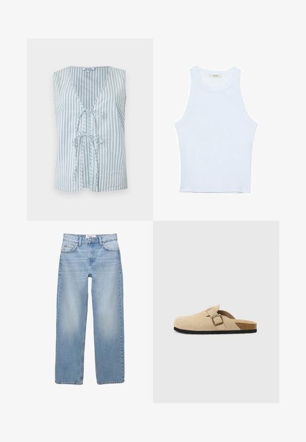 Top en coton sans manches présentant un col en V, des rayures verticales bleu et blanc, et un détail de nœud à l'avant, offrant une coupe décontractée.; Débardeur blanc, texture côtelée, encolure ronde, design sans manches, forme ajustée, marque discrète sur l'étiquette à l'intérieur du col.; Jean en denim bleu clair avec une coupe droite, style cinq poches et des détails de couture visibles. Le tissu a une texture douce et légèrement décolorée.; Sabots en suède beige à enfiler, avec une semelle en liège, un bout arrondi et une bride simple dotée d'une boucle dorée. Semelle en caoutchouc pour une meilleure adhérence.