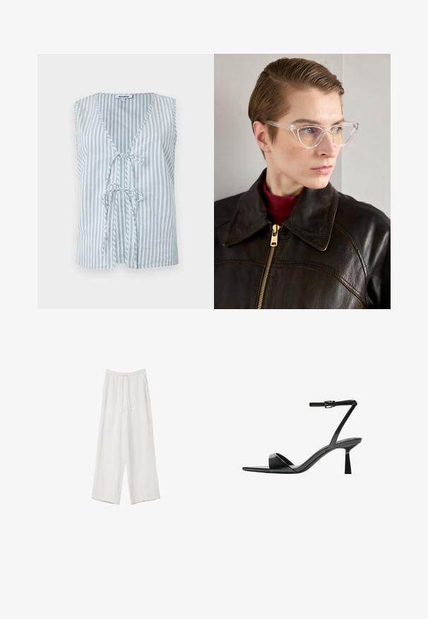 Halenka bez rukávov z bavlny s výstrihom do V, vertikálnymi modro-bielymi pruhmi a predným uzlom, ktorý poskytuje uvoľnený strih.; Biela krátka T-shirt s voľným strihom a zlaceným textúrou v oblasti pása. Vyrobená z mäkkého, ľahkého materiálu.; Biele široké nohavice vyrobené z ľahkej tkaniny. Obsahujú elastický pás so sťahovacou šnúrkou a bočné vrecká. Hladká textúra.; Bershka Sandále na vysokom opätku - black; Priehľadné acetátové mačacie okuliare s žltými tónovanými sklami, ktoré nosí osoba v tmavej koženej bunde a červenom roláku. Hladký povrch.