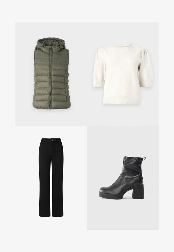 Polstret vest i olivengrønn, med hette, frontglidelås og horisontale sømmer. Glatt tekstur med subtil glans.; Kremfarget kortermet genser laget av mykt strikket materiale, med rund hals, puffede skuldre og ribbet kant på hem og ærmer.; Sorte, høy midje bukser med rett ben-design, laget av glatt bomullsstoff. Har frontlommer og en enkel metalldeksel.; Svarte ankelstøvler laget av glatt lær, med glidelås på siden, chunky strukturert hæl, og rund tå-design.
