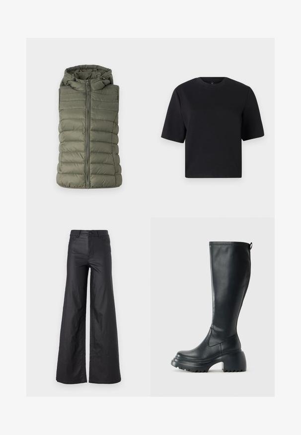 Vesta captusată de culoare verde măslinie, dotată cu glugă, fermoar frontal și coasere orizontală. Textură netedă cu un ușor luciu.; Tricou negru cu mânecă scurtă, decolteu rotund, realizat din țesătură de bumbac neted; croială lejeră, design minimal, fără modele sau accente vizibile.; Pantaloni negri, cu picioare largi, dintr-un material de piele ecologică. Prezentază talie înaltă, bucle pentru curea, două buzunare frontale și detalii cusute.; Cizme lungi din piele neagră cu talpă platformă masivă și tocul pătrat, având un tab de tragere și un model texturat pe talpa exterioară.