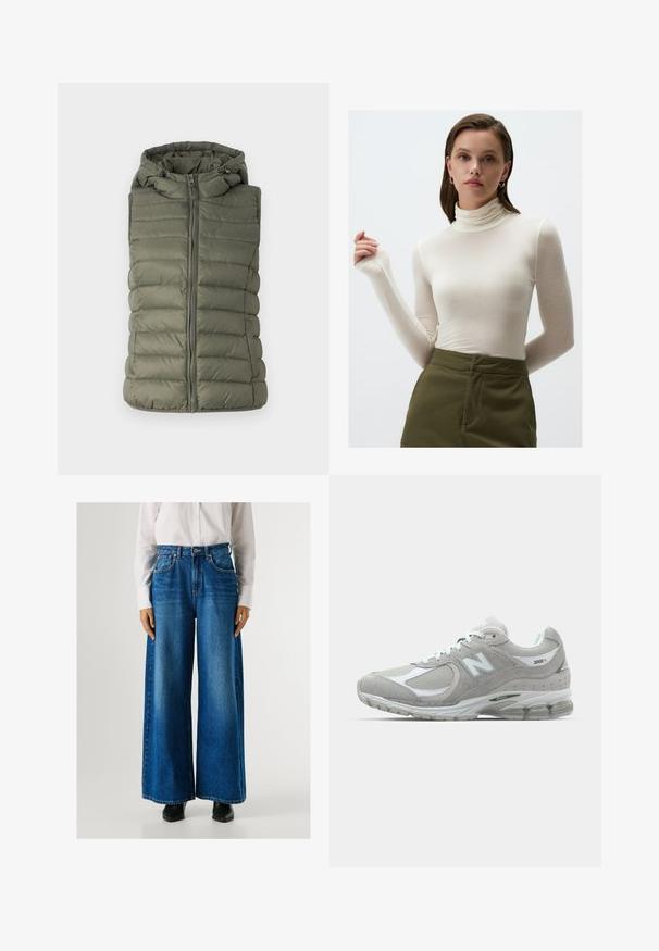 Gepolsterte Weste in Olivgrün, mit Kapuze, Frontreißverschluss und horizontalen Nähten. Glatte Textur mit subtiler Schattierung.; Langärmliges, cremefarbenes Rollkragenoberteil aus leichter Stoffqualität; taillierte Passform mit dezentem Glanz und verlängerten Ärmeln; kombiniert mit olivgrünen Hosen.; Blaue Schlagjeans mit hoher Taille, aus Denim gefertigt, mit Fronttaschen und Knopfverschluss. Glatte Textur mit klassischer Waschung.; Die hellgraue New Balance 2002R Sneaker verfügt über ein Obermaterial aus Wildleder und Mesh, weiße Akzente, eine gepolsterte Sohle und sichtbare Dämpfungstechnologie.