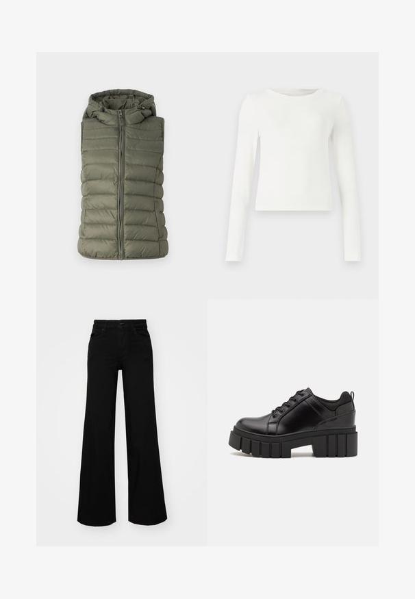 Žalios alyvuogių spalvos pamuštas liemenė, turinti kapšą, priekinį užtrauktuką ir horizontalų siuvinėjimą. Lygus paviršius su subtilesniu blizgesiu.; Balta ilgomis rankovėmis raštuota palaidinė su apykakle. Lygus paviršius, prigludęs dizainas ir jokie matomi raštai ar akcentai. Paprastas ir minimalistinis stilius.; Juodos plačios kelnės iš denimo, turinčios struktūruotą juosmenį, diržo kilpas ir priekines kišenes. Lygus paviršius su klasikinio dizaino elementais.; Juodi odiniai platformos batai su masyviu blokuota kulniuku, apvalia nosimi ir tradiciniu šnypštimo dizainu. Turintys glotnų paviršių ir minimalų dekoravimą.