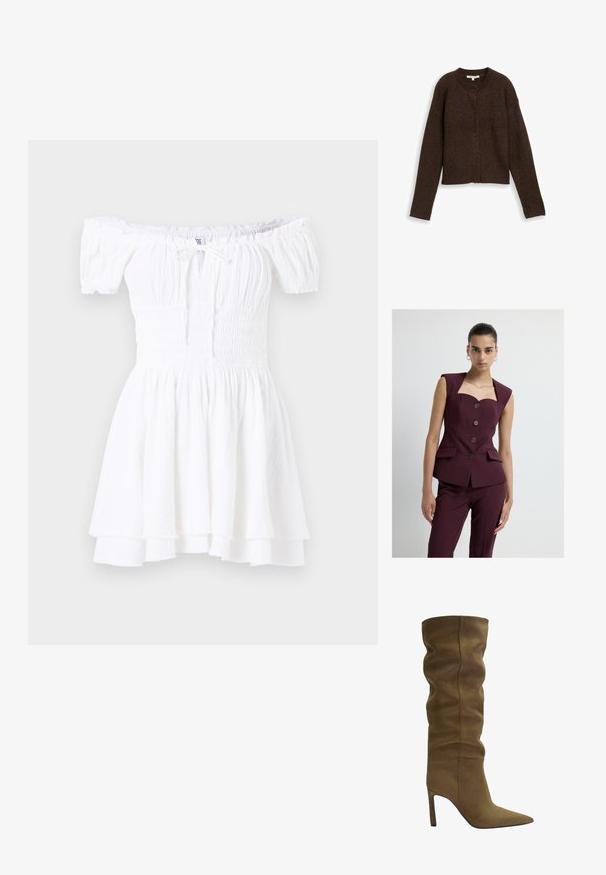 Burgundský oblek na míru s čtvercovým výstřihem, krátkými rukávy, pěti knoflíky a bočními kapsami; strukturovaná tkanina s hladkým povrchem.; Hnědý žebrovaný cardigan s kulatým výstřihem, dlouhými rukávy a pěti knoflíky vpředu. Měkká textura a zkrácený střih.; Bílé šaty bez ramínek se smockovaným korzetem, krátkými nabíranými rukávy a vrstveným volánkovým lemováním. Vyrobené z lehké, strukturované tkaniny.; Olive green semišové vysoké boty po kolena s špičatou špičkou, uvolněným designem svršku a stiletto podpatkem, s viditelnými švy.; Hnědá semišová taška přes rameno se strukturovaným designem, hladkými koženými akcenty, dlouhými ušima a jemným kontrastním prošíváním.