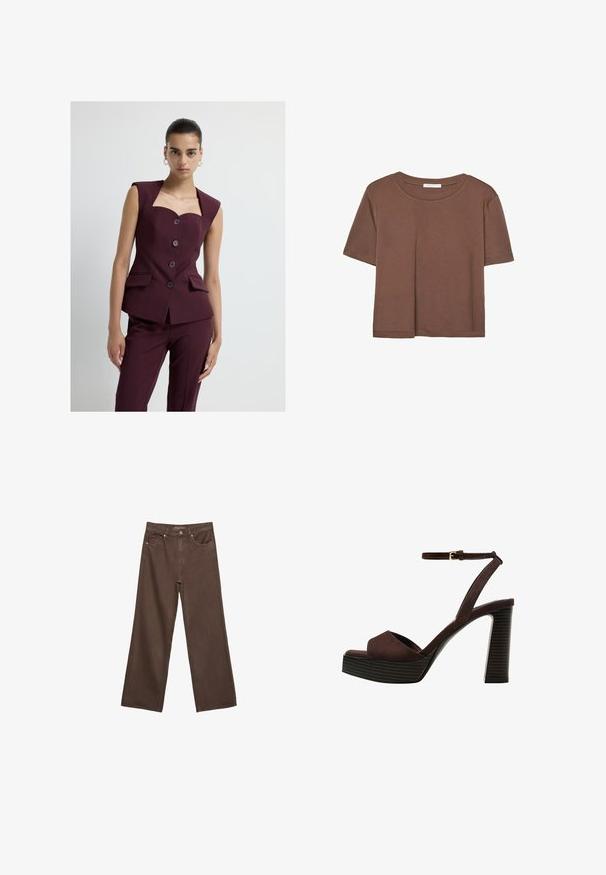 Bordeaux op maat gemaakte pak met een vierkante halslijn, korte mouwen, vijf knopen en zijzakken; gestructureerde stof met een gladde textuur.; Korte mouwen T-shirt in bruin, gemaakt van een zachte stof, met een ronde halslijn en een relaxte pasvorm. Geen zichtbare patronen of accenten.; Brede bruine spijkerbroek van denim, met een hoge taille, voorzakken en een klassieke knoopsluiting. Soepele textuur met subtiele stiksels.; Bruine suède high-heeled sandaal met een open teen, verstelbare enkelband en een gestreepte plateauzool.