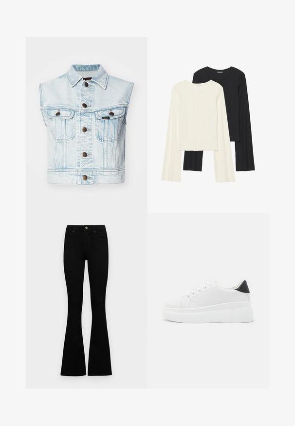 Šviesiai mėlynas džinsinis nesuknelinis švarkas su apykakle, dviem krūtinės kišenėmis, rudais mygtukais ir matomomis siuvimo detalėmis.; Dviejų ilgomis rankovėmis marškinėlių rinkinys, baltas ir juodas. Raukšlėta tekstūra, apvalus kaklas, prigludusi forma su šiek tiek platėjančiomis rankovėmis.; Juodos aukšto liemens džinsai su mygtuku ir užtrauktuku, priekinėmis kišenėmis ir platėjančiomis kojomis, išdėstyti ant baltos fono.; Balti platforminiai sportbačiai, pagaminti iš lygios sintetinio audinio, su apvaliu pirštu, raištelių užsegimu ir tekstūruota guma padanga. Juodas kulno akcentas.