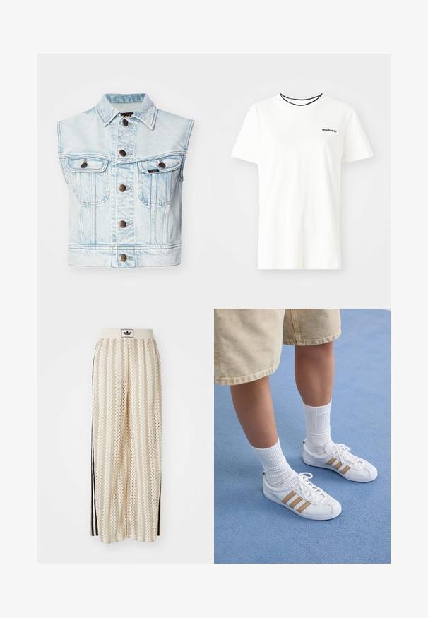 Light blue denim sleeveless jacket with a collared neckline, two chest pockets, brown buttons, and visible stitching details.; White cotton t-shirt with short sleeves and a round neckline. Features a black Adidas logo on the chest and a contrasting black inner collar.; Cream-colored wide-leg pants with a zigzag pattern, featuring a black logo waistband and side black stripes. Lightweight, textured fabric.; White sneakers with three gold stripes, lace-up design, rubber sole, worn with ribbed white socks and beige shorts on a blue surface.