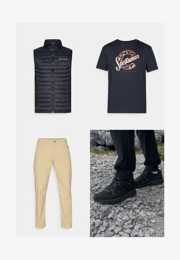 Pohodlná černá vesta s vysokým límcem, plným předním zipem a logem Columbia na hrudi. Obsahuje boční kapsy a texturovaný povrch.; Námořnická modrá bavlněná tričko s velkým, barevným grafickým nápisem "Sportswear" se geometrickými vzory a písmenem "C" na přední straně.; Patagonia QUANDARY PANTS - Outdoorové kalhoty - classic tan; Černé venkovní boty z prodyšného a syntetického materiálu, s texturovaným svrškem, bezpečným šněrovacím systémem a robustní podrážkou, na skalnatém terénu.