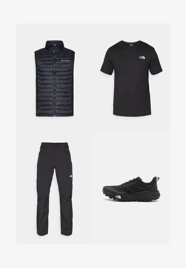 Pohodlná čierna vesta s vysokým golierom, celopredným zipsom a logom Columbia na hrudi. Obsahuje bočné vrecká a textúrovaný povrch.; Čierne tričko s krátkym rukávom vyrobené z bavlny, s okrúhlym výstrihom a malým bielym logom na hornej ľavej strane hrude.; Čierne vonkajšie nohavice so zipsovým predným vreckom, vyrobené z syntetického materiálu, zúžené nohy a vy reforcované panely kolien. Obsahujú zapínanie na gombík.; Čierne trailové behacie topánky s štruktúrovaným zvrškom, gumovou podrážkou a vystuženou špičkou. Obsahuje polstrovaný golier a úchyt na jednoduché obúvanie.