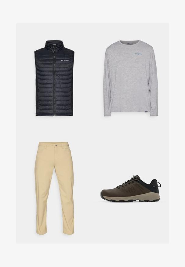 Juodas paminkštintas liemenė su aukštu apykakle, pilnu priekiniu užtrauktuku ir Columbia logotipu ant krūtinės. Yra šoniniai kišeniai ir tekstūrinis paviršius.; Šviesiai pilka ilgomis rankovėmis marškinėliai, pagaminti iš minkštos, tekstūruotos medžiagos. Yra apvalus kaklas ir mažas mėlynas "Patagonia" logotipas krūtinėje.; Patagonia QUANDARY PANTS - Lauko kelnės - classic tan; Rudi nepralaidūs sportbačiai su tekstūruota viršutine dalimi, perforuotomis detalėmis, juodu kulno palaikymu ir pilku guminio padu. Šniūreliai yra dekoruoti metaliniais galais.