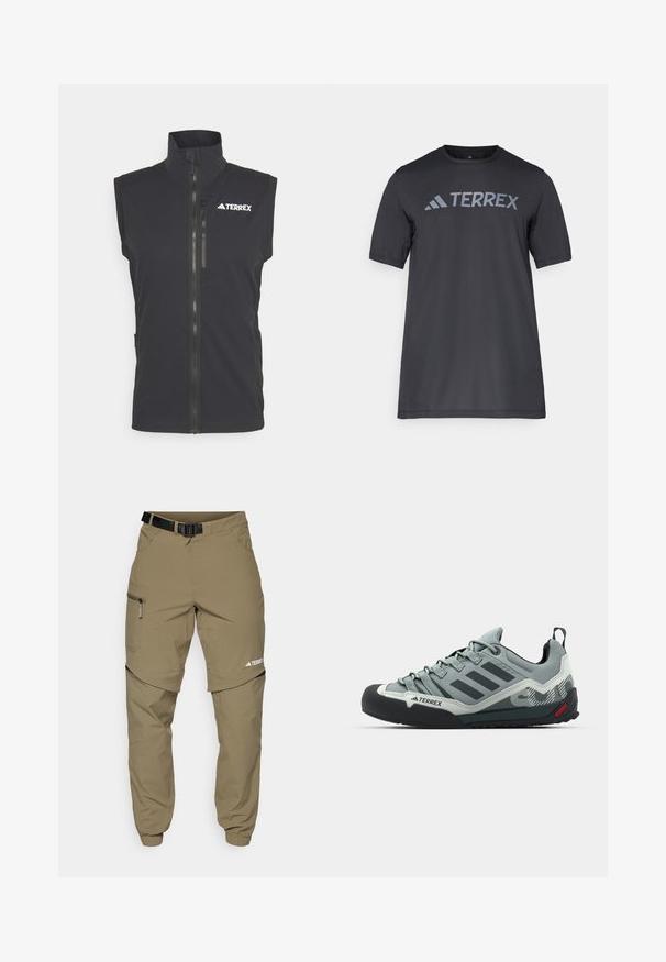 Črna brezrokavnika iz gladkega blaga, z visokim ovratnikom, sprednjim zadrgo in kontrastnim belim logotipom na zgornji levi strani.; Črna majica s kratkimi rokavi iz lahkega materiala, ki ima odtisnjen svetlo sivi logotip "TERREX" čez prsi in okrogel izrez.; Khaki zunanji hlače z nastavljivim črnim pasom, žepi z zadrgo, ožji konci in snemljivi spodnji deli za vsestranski slog.; Sive plezalne copate z teksturiranim zgornjim delom, črnimi gumi prikritki na prstih, tremi temnimi črtami in majhnim rdečim poudarkom na podplatu.