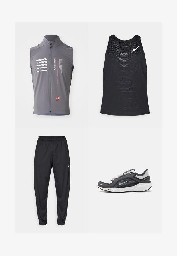 Γκρίζα γιλέκο με ψηλό γιακά, μπροστινό φερμουάρ, ελαφρύ υλικό και εκτυπωμένο σχέδιο που περιλαμβάνει λευκά σχήματα και κόκκινο κείμενο.; Μαύρο αθλητικό αμάνικο μπλουζάκι με διάτρητη υφή και στρογγυλή λαιμόκοψη. Διαθέτει λευκό λογότυπο Nike στο στήθος.; Μαύρο αθλητικό παντελόνι με ελαστική μέση, στενές γραμμές στα πόδια και ένα μικρό λευκό λογότυπο Nike στο αριστερό μηρό. Λείο ύφασμα, χωρίς σχέδια.; Μαύρο και γκρι αθλητικό παπούτσι με επάνω μέρος από διχτυωτό υλικό, ανακλαστικές λεπτομέρειες και λευκή μεσαία σόλα. Διαθέτει υφή από καουτσούκ στην εξωτερική σόλα και κορδόνια.