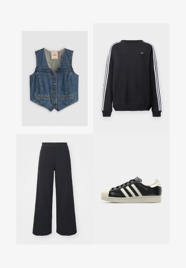 Denims veste ar V veida kakla izgriezumu, pītas detaļas, sešām metāla pogām un divām priekšējām kabatām. Zila krāsa ar oranžām šuvēm.; Melnas sporta džemperis ar garām piedurknēm, baltas svītras gar katru roku un neliels pelēks logotips uz krūtīm. Kokvilnas materiāls, ikdienišķa piegriezuma forma.; Melni platās svārku bikses, izgatavotas no mīksta auduma, ar elastīgu jostas daļu un mazu logotipu kreisajā pusē.; Melna ādas sporta apava ar baltām svītrām, gumijas purngala aizsardzību, melnām auklām un krēma krāsas zoli. Gluda tekstūra ar spīdīgu apdari.