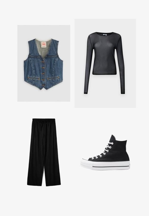 Džínová vesta s výstrihom do V, pletenými detailmi, šiestimi kovovými gombíkmi a dvoma prednými vreckami. Modrá farba s oranžovými švami.; Čierny top s dlhými rukávmi vyrobený z priesvitného materiálu, s okrúhlym výstrihom a úzkym strihom, s jemne zakončenými okrajmi.; Čierne nohavice s širokými nohavicami vyrobené z ľahkej tkaniny, s elastickým pásom a sťahovacím šnúrkovým pásom pre nastaviteľné prispôsobenie. Hladká textúra.; Čierne plátkové tenisky v štýle high-top s bielymi očkami, šnúrkami a gumovou podrážkou. Obsahujú textúrovanú špičku a čierno-biele pruhy.