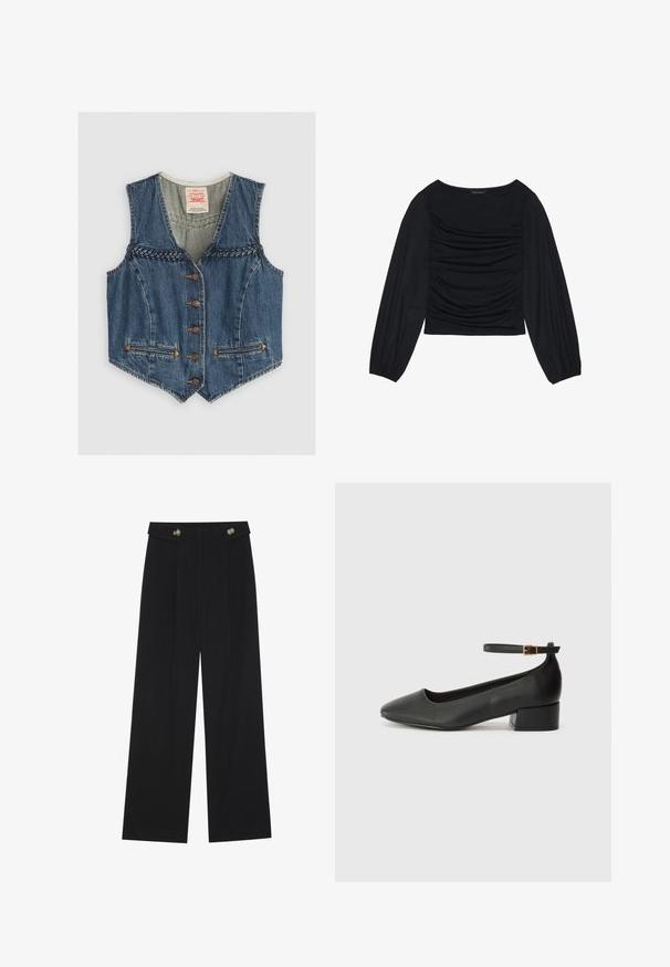 Denim mellény V-nyakkal, fonott részletezéssel, hat fémbottal és két elülső zsebbel. Kék színű narancssárga varrásokkal kiemelve.; Fekete, hosszú ujjú felső, amely elől és a csuklónál ráncolt anyagrészletekkel rendelkezik, puha, rugalmas anyagból készült és csónaknyakú.; Fekete, bő szárú nadrág magas derékkal, gombos részletekkel a derékrészen és elülső pliszékkal.; Fekete bőr magassarkú cipő hegyes orral és alacsony tömb sarkal. Bokapánttal rendelkezik, aranyszínű csattal. Simább textúra.