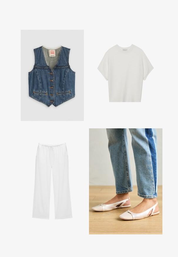 Džínová vesta s výstřihem do V, pletenými detaily, šesti kovovými knoflíky a dvěma předními kapsami. Modrá barva s oranžovými švy.; Bílý krátký rukáv tričko s širokým kulatým výstřihem a texturovaným žebrovaným vzorem, vyrobené z měkké látky, s uvolněným střihem a čistým designem.; Bílé kalhoty s širokými nohavicemi vyrobené z měkké tkaniny, které mají elastický pas se šňůrkou a dvě boční kapsy. Jednoduchý a čistý design.; Světle růžové slingback baleríny s špičatou špičkou, vyrobené z hladkého koženému materiálu. Obsahují vystřihovací detaily po stranách a plochý podpatek.