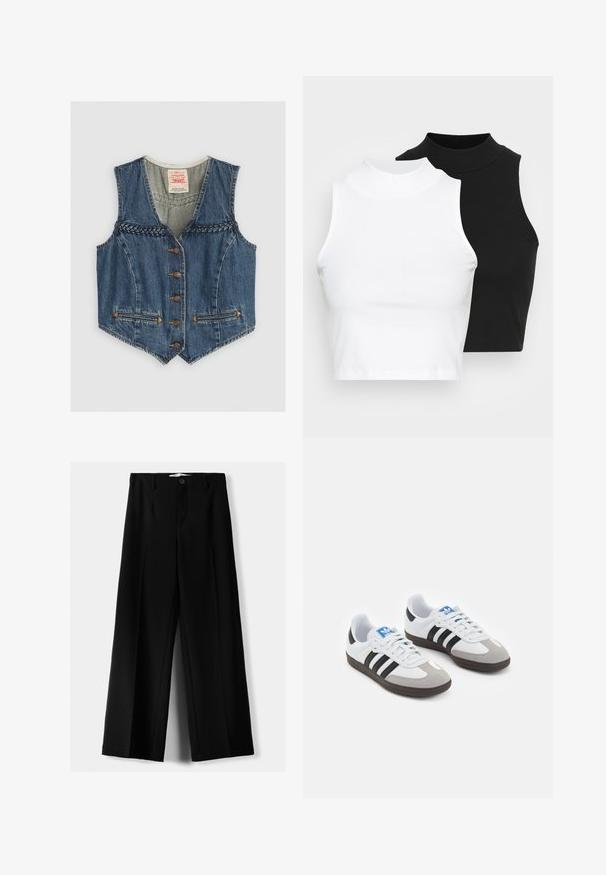 Kamizelka dżinsowa z dekoltem w kształcie litery V, plecionymi detalami, sześcioma metalowymi guzikami i dwiema przednimi kieszeniami. Kolor niebieski z pomarańczowymi akcentami przyszytymi nitkami.; Dwa bezrękawnikowe golfy w kolorze czarnym i białym, charakteryzujące się dopasowanym fasonem i gładką teksturą, o skróconej długości.; Czarne spodnie szerokie, wykonane z lekkiego materiału, z zapięciem na guzik z przodu i gładkim przodem, z starannie wykończonymi brzegami.; Buty sportowe z białą skórzaną cholewką, szarym zamszowym noskiem i trzema czarnymi paskami. Posiadają niebieskie logo na języku oraz teksturowaną gumową podeszwę.