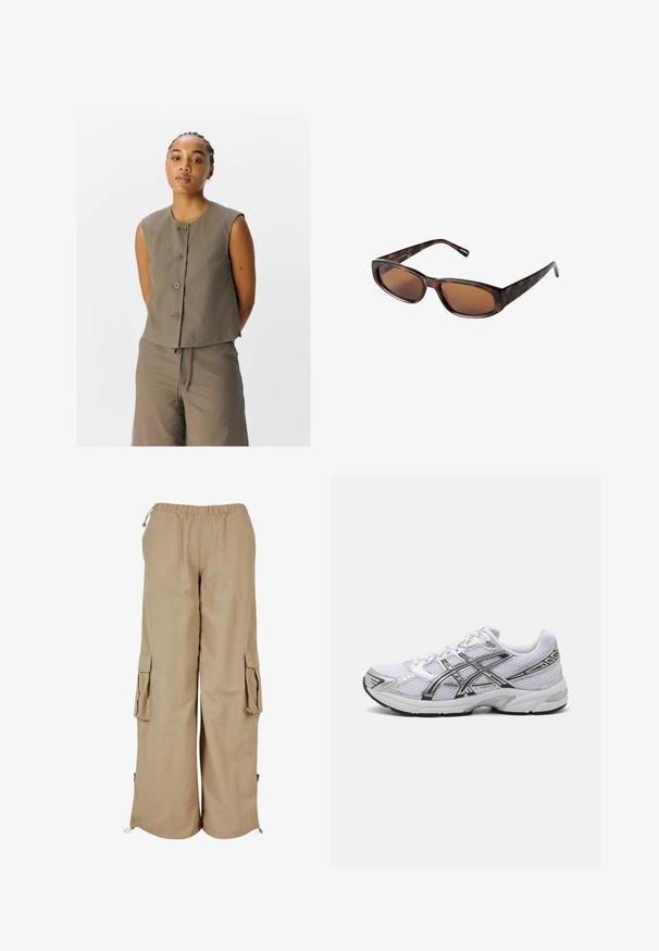 Brun ærmeløs top med fem knapper, der har en rund halsudskæring og en let løs pasform, parret med matchende bukser med snoretræk.; Hvid zip-up hoodie lavet af blødt stof. Har hætte med snoretræk, frontlommer og ribbede manchetter. Enkel, minimalistisk design.; Lys beige, ribbet tanktop med rund halsudskæring og ærmeløst design. Fremstillet af et blødt stof, med rene kantafslutninger. Ingen synlige mønstre.; Beige cargo bukser med elastisk talje, to sidelommer og mesh-detaljer; fremstillet af letvægts, tekstureret stof.; Hvide mesh løbesko med sølvdetaljer, der har en åndbar overdel, polstret krave og en struktureret gummisål for godt greb.; Brune skildpadde-solbriller med rektangulære linser, slank profil og buede arme. Linsen har en brun tone, og stellet er lavet af plastik.