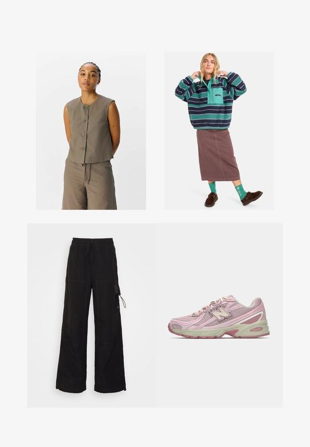 Bruine mouwloze top met vijf knopen, voorzien van een ronde halslijn en een licht losse pasvorm, gecombineerd met een bijpassende broek met koord. ; Fleece pullover met teal en marineblauwe strepen, half-zip ontwerp, voorzak, gecombineerd met een bruine rok en gemusterde groene sokken.; Zwarte wijde broek gemaakt van een gestructureerde stof. Heeft een elastische tailleband met koord, zijzakken en contrasterende stikdetails.; Roze en beige New Balance 740 sneaker met een bovenwerk van mesh en kunstleer, vetersluiting en een gevoerde zool, weergegeven in zijprofiel.