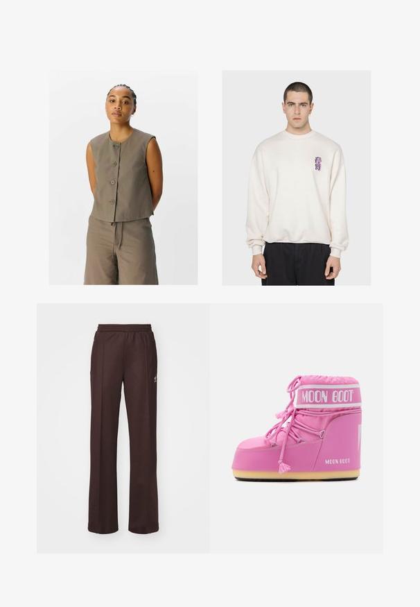 Bruine mouwloze top met vijf knopen, voorzien van een ronde halslijn en een licht losse pasvorm, gecombineerd met een bijpassende broek met koord. ; Crèmewitte sweatshirt met een ontspannen fit, ribbelkraag en kleine paarse grafische details op de borst. Zachte katoenen stof.; Bruine sportieve broek met een elastische tailleband, twee zijzakken en een klein logo aan de linkerzijde, gemaakt van een zachte stof.; Roze Moon Boot met een hoge schacht, textiele stof, decoratieve veters en een gemerkte band. Beschikt over een duurzame zool voor stabiliteit.