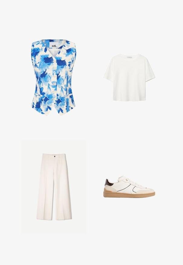 Blumenweste mit weißem Hintergrund, die blaue Aquarell-Blumenmuster zeigt, fünf vordere Knöpfe und ein V-Ausschnitt-Design hat.; Weißes T-Shirt mit kurzen Ärmeln aus Baumwolle. Hat einen Rundhalsausschnitt und eine lockere Passform. Glatte Textur ohne sichtbare Muster oder Akzente.; Cremfarbene weitem Hosen mit maßgeschneidertem Design, ausgestattet mit zwei vorderen Taschen und einem vorderen Knopfverschluss, aus glattem Stoff gefertigt.; Stradivarius Sneaker low - white