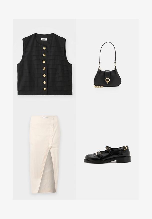 Sort ærmeløs top med vandrette plisseringer og rund halsudskæring, prydet med gyldne, runde knapper ned langs fronten. Glat stoftekstur.; Sort langærmet top med struktureret stof, flæset kant og hvide flæsede detaljer ved kraven og manchetterne. Har en centralt loopet lukning.; Beige linned midi-nederdel med en frontslids, der har en knaplukning på venstre side og en lomme, glat tekstur.; Sorte lædersko med brogue-detaljer, der har to spænder, rund tå og lav hæl. Glat tekstur med blank finish.; sandro JANET - Håndtasker - noir