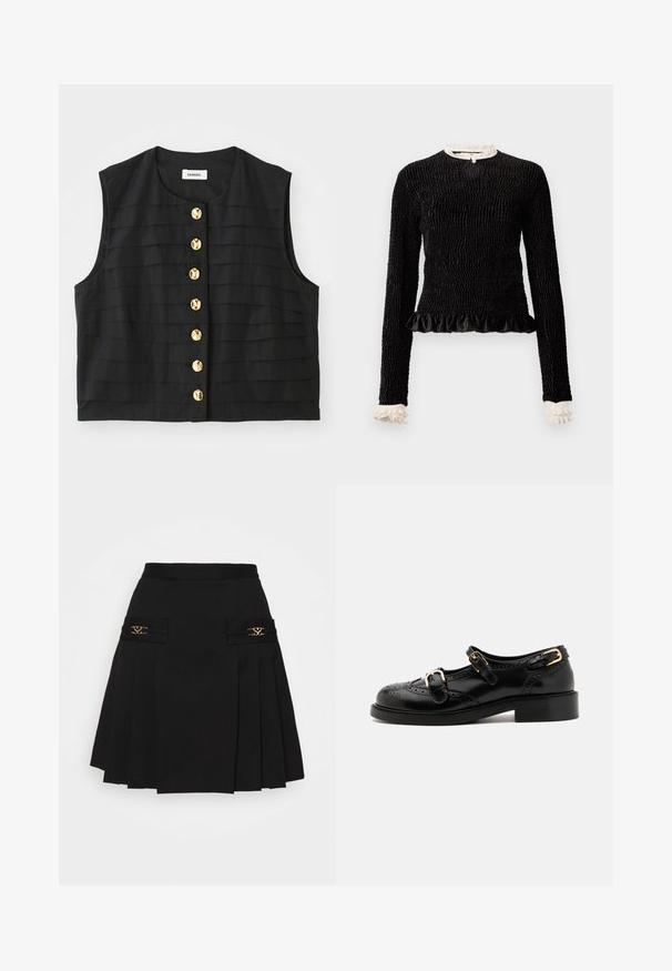 Must be ja mustriga ilma varrukateta tipp ringikaelusega, millel on kuldsed ümmargused nööbid esiküljel ja siledad kangad.; Must mustriga mustega, tekstuuriga kanga, volangäärtega ja valgete volangakinnitustega kaeluses ja varrukates. Omab keskel aasakinnitust.; Must mustriga seelik kuldsete detailidega. Omab küljetaskuid logodetailidega, valmistatud siledast materjalist. A-laineline siluett.; Mustal nahast kingad brogue-tekstiiliga, millel on kaks pandla rihma, ümar varvas ja madal konts. Sujuv tekstuur ja läikiv viimistlus.