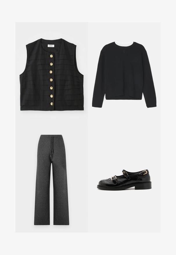 Černý bezrukávový top s horizontálními sklady a kulatým výstřihem, s zlatými kruhovými knoflíky na přední straně. Hladká textura látky.; Černá mikina s dlouhými rukávy, kulatým výstřihem a mírně zkráceným spodním lemem. Vyrobena z měkkého materiálu, s jemným logem na přední straně.; Široké kalhoty v tmavě šedé látce s elastickým pasem a malým tečkovaným vzorem po celé ploše, což poskytuje texturovaný vzhled.; Černé kožené boty s brogue detaily, vybavené dvěma sponami, zaoblenou špičkou a nízkým podpatkem. Hladký povrch s lesklým finišem.