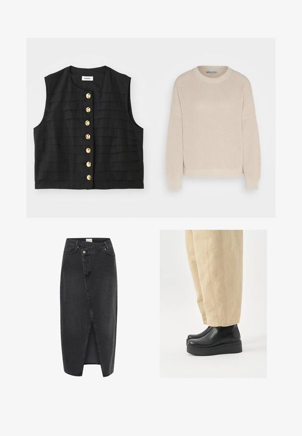 Schwarzes ärmelloses Top mit horizontalen Falten und einem runden Ausschnitt, versehen mit goldenen runden Knöpfen auf der Vorderseite. Glatte Stofftextur.; Anna Field Strickpullover - grey; Schwarzer Denim-Midirock mit einem Schlitz vorne, strukturiertem Schnitt und klassischem Fünf-Taschen-Design. Verfügt über einen Knopf- und Reißverschluss.; Schwarze Lederstiefeletten mit abgerundetem Zehenbereich und Plateausohle. Kombiniert mit beigefarbenen weiten Hosen, die sichtbare Nahtdetails aufweisen.