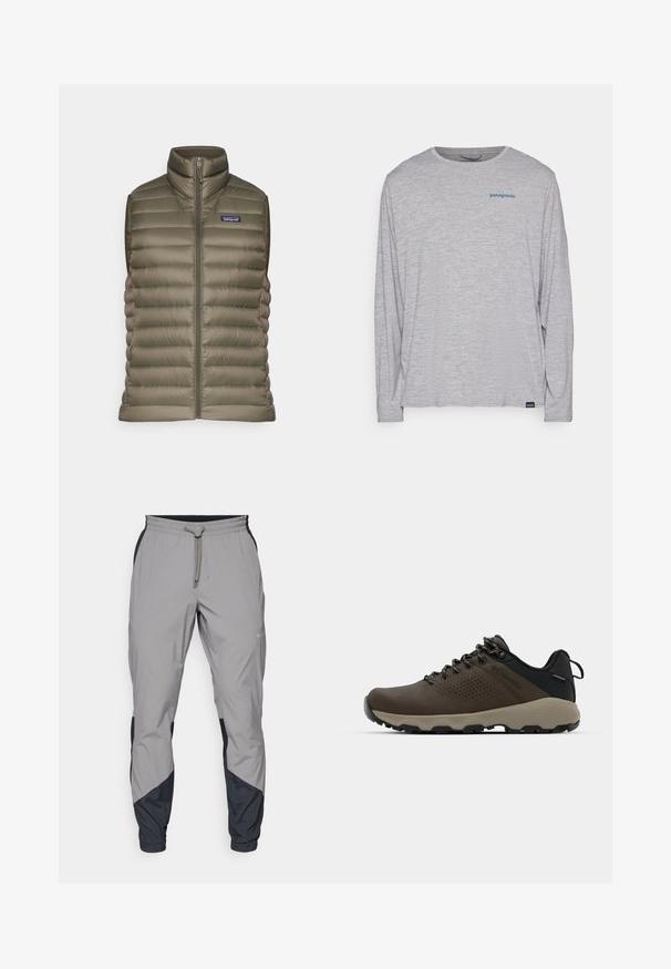 Patagonia DOWN SWEATER VEST - Väst - pine needle green; Ljusgrå t-shirt med långa ärmar gjord av mjukt, texturerat tyg. Har en rund hals och en liten blå Patagonia-logotyp på bröstet.; Lätta, grå träningsbyxor med svarta detaljer. Elastisk midja, dragsko stängning, tapered design och sidofickor.; Bruna vattentåliga sneakers med en strukturerad ovandel, perforerade detaljer, svart hälstöd och en grå gummisula. Snörningen har metalliska ändar.