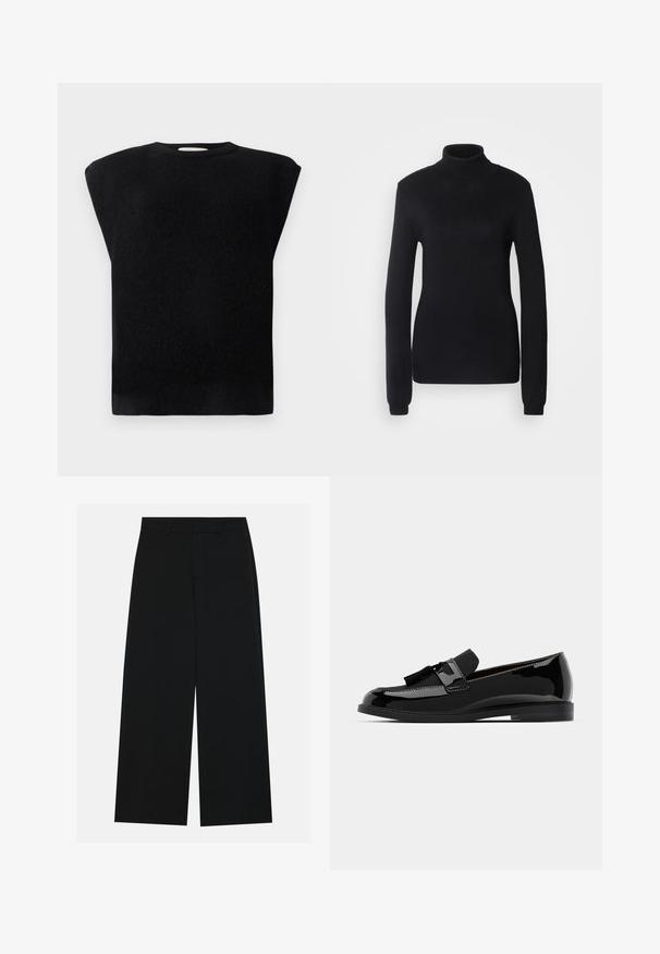 Suéter preto de malha com um formato quadrado, gola redonda e mangas curtas. Textura suave, sem padrões visíveis ou detalhes de hardware.; Suéter de gola alta preto feito de um tecido de malha suave, com mangas longas e uma silhueta ajustada, apresentando um colarinho e bainha canelados.; Calças pretas de perna larga feitas de um tecido suave. Apresentam uma cintura plana com passantes para cinto e sem bolsos visíveis. Design simples.; Mocassins pretos em couro verniz com salto baixo, apresentando um detalhe em franja e superfície lisa, desenhados com um bico arredondado e costura subtil.