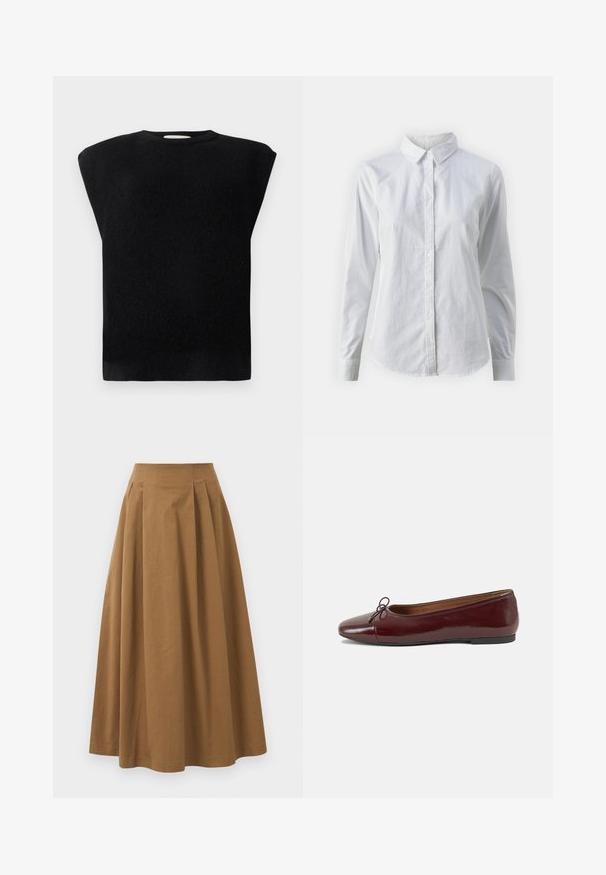 Crna pletena pulover s kutijastim krojem, okruglim izrezom i kratkim rukavima. Gladak materijal, bez vidljivih uzoraka ili hardverskih detalja.; Bjela košulja na dugih rukava od glatkog pamuka, s klasičnom kragnom i zakrivljenim rubom. Dugmad su mala i bijela.; Smeđa pamučna suknja A kroja s visokim strukom, koja ima nabore sprijeda i glatku teksturu. Završetci donjeg ruba su čisti i jednostavni.; Burgundska lakirana balerinka s zaobljenim vrhom, malim mašnom sprijeda i niskom, crnom gumenom potplatu. Glatka tekstura.