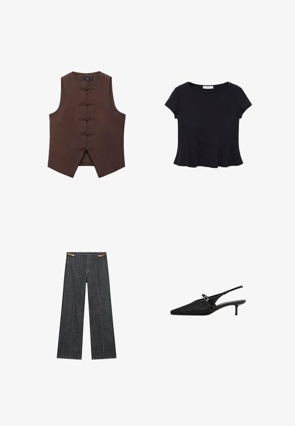 Bruine mouwloze vest met een mandarinnekraag en traditionele knoopsluitingen, gemaakt van een gestructureerde stof met een getailleerde vorm.; Zwarte korte mouwen top van zacht materiaal, met een ronde halslijn en een uitlopende onderkant met subtiele naaddetail. ; Donkergewassen denimwijdpijpbroek met een hoge taille. Kenmerken zijn zichtbare stiksels, een knoopsluiting en een unieke kettingaccent aan de taille.; Zwarte slingback hakken met puntige neuzen, een gestructureerde mesh bovenkant, slanke verstelbare band met zilveren gesp en 5 cm stiletto hakken.