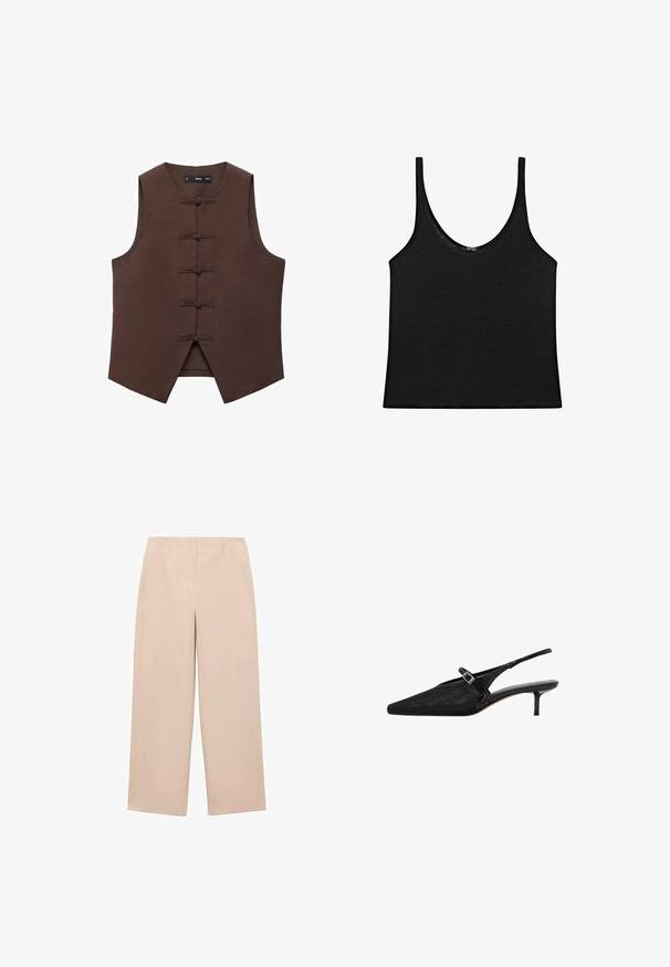 Gilet marrone senza maniche con colletto alla cinese e chiusura a nodo tradizionale, realizzato in un tessuto testurizzato con una forma sagomata.; Top nero in un tessuto morbido con scollatura rotonda e spalline sottili. Design semplice, corto, con bordi puliti e senza fantasie.; Pantaloni beige a gamba larga realizzati in tessuto liscio, con un frontale piatto dotato di passanti per cintura e senza motivi o decorazioni visibili.; Décolleté slingback neri con punta affusolata, parte superiore in rete testurizzata, sottile cinturino regolabile con fibbia argentata e tacco a stiletto di 5 cm.