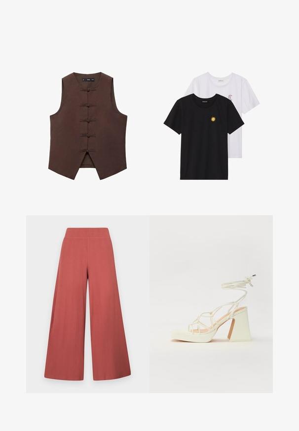 Brown sleeveless vest featuring a mandarin collar and traditional knot fastenings, made from a textured fabric with a tailored shape.; Black and white T-shirts, round neck, short sleeves. Black shirt features yellow sun embroidery; white has purple crescent moon accent.; Wide-leg trousers in a rust color, made from textured fabric with vertical ribbing. Features a high, elastic waistband.; White high-heeled sandal with a chunky heel, featuring a strappy design and ankle tie. Smooth texture with a platform front for added height.