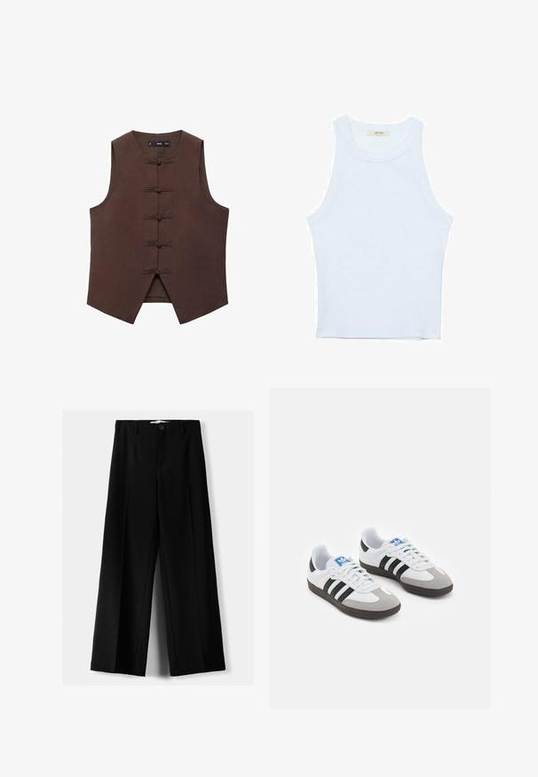 Brązowa bezrękawnik z kołnierzykiem mandaryńskim i tradycyjnymi zapięciami na supeł, wykonany z teksturowanej tkaniny o dopasowanym kroju.; Biały top bez rękawów, prążkowana tekstura, okrągły dekolt, dopasowany krój, subtelne logo na metce wewnątrz obszaru kołnierza.; Czarne spodnie szerokie, wykonane z lekkiego materiału, z zapięciem na guzik z przodu i gładkim przodem, z starannie wykończonymi brzegami.; Buty sportowe z białą skórzaną cholewką, szarym zamszowym noskiem i trzema czarnymi paskami. Posiadają niebieskie logo na języku oraz teksturowaną gumową podeszwę.