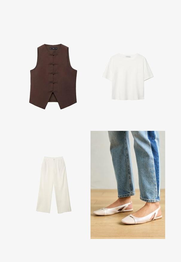 Brauner ärmelloser Weste mit Mandarin-Kragen und traditionellen Knotenschlüssen, gefertigt aus einem strukturierten Stoff mit taillierter Form.; Weißes T-Shirt mit kurzen Ärmeln aus Baumwolle. Hat einen Rundhalsausschnitt und eine lockere Passform. Glatte Textur ohne sichtbare Muster oder Akzente.; Helle Stoffhose mit weitem Bein und glatter Textur, ausgestattet mit einem einzelnen Knopf vorne, dezenten Falten und einem Hochbund-Design.; Blassrosa Slingback-Ballerinas mit spitzem Punkt, aus einem glatten, lederähnlichen Material. Mit Ausschnitten an den Seiten und einem flachen Absatz.
