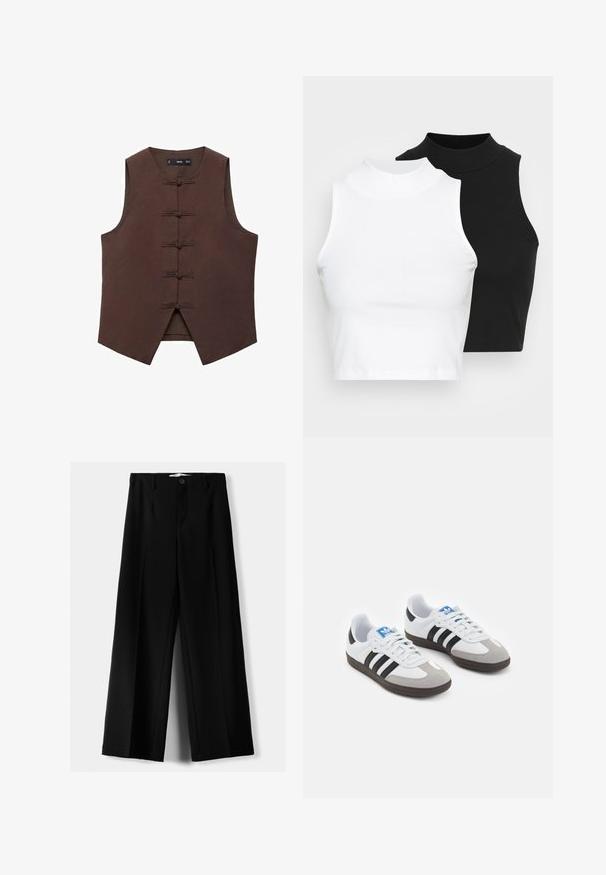 Brauner ärmelloser Weste mit Mandarin-Kragen und traditionellen Knotenschlüssen, gefertigt aus einem strukturierten Stoff mit taillierter Form.; Zwei ärmellose, gerippte Rollkragenoberteile in Schwarz und Weiß, mit einer figurbetonten Passform und glatter Textur sowie einer cropped Länge.; Schwarze weite Hosen aus leichtem Stoff, mit einem Knopfverschluss vorne und flachem Bund, mit sorgfältig genähten Säumen.; Sportschuhe mit einem Obermaterial aus weißem Leder, grauer Wildleder-Zehenkappe und drei schwarzen Streifen. Sie verfügen über ein blaues Logo auf der Zunge und eine strukturierte Gummisohle.