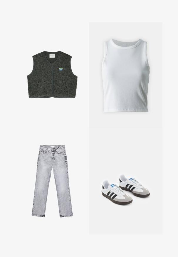 Šedá fleecová vesta s texturovanou, smyčkovou tkaninou. Disponuje zapínáním na knoflíky, kulatým výstřihem a malým logem na levé části hrudi.; Bílý žebrovaný tílko s kulatým výstřihem a bezramínkovým designem, s rovnými lemy a hladkou, elastickou strukturou.; Šedé džíny z denimu se střihy rovnými nohavicemi, s poškozenou úpravou, pěti kapsami a měděnými nýtky. Pasová část obsahuje logo štítek.; Sportovní boty s bílým koženým svrškem, šedou semišovou špičkou a třemi černými pruhy. Obsahují modré logo na jazyku a texturovanou gumovou podrážku.