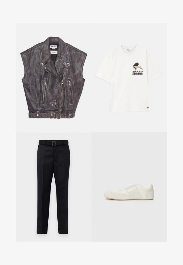 Pelēks ādas vestes bez piedurknēm ar teksturētu apdari, diagonālām rāvējslēdzēju aizdarem un studētu jostu jostasvietā. Izteikta ieloces dizains.; Balta kokvilnas T-kreklu ar pikselizētu grafiku, kurā attēlots figūra un teksts "NEDRĪKST MAKSIET NEDRĪKST" kreisajā pusē. Īsas piedurknes.; Melni piegriezti bikses ar gludu audumu, taisnu piegriezumu un jostu ar taisnleņķa sprādzi. Pamanāmie priekšējie iegriezumi uzlabo dizainu.; Bila sporta apavi ar elegantisku dizainu, ar zamšādas purngalu, ādas paneļiem un kontrastējošiem teksturētiem akcentiem. Plakana gumijas zole.