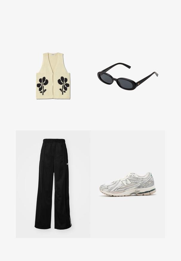 Strickweste in Creme mit V-Ausschnitt, ausgestattet mit schwarzen Blumenmotiven auf den Vorderteilen. Ohne Ärmel, mit einer strukturierten Oberfläche und offener Vorderseite.; Weißes Langarmshirt aus weichem, glattem Stoff. Hat einen Rundhalsausschnitt und eine taillierte Passform mit minimalen Nähdetails.; Schwarze weiter Schnitt Jogginghose mit elastischem Bund, mit weißen Seitenstreifen und kleinem Logo auf der linken Hüfte. Glatte Stofftextur.; Laufschuh mit einem silbernen und weißen Mesh-Obermaterial und grünen Akzenten. Die Sohle ist dick und strukturiert, um Dämpfung und Unterstützung zu bieten.; Schwarze, oversized Sonnenbrillen mit ovalen Gläsern, glattem Kunststoffrahmen und goldenen Akzenten an den Bügeln. Die dunklen Gläser bieten Sonnenschutz.