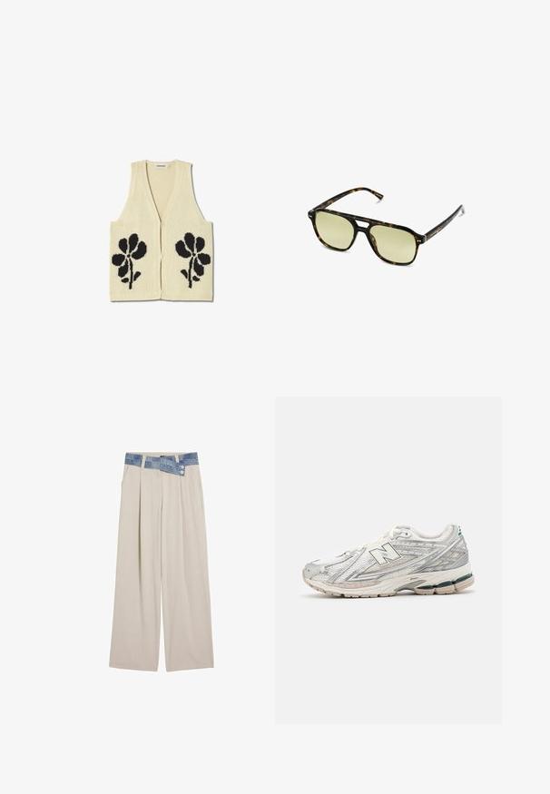 Strickweste in Creme mit V-Ausschnitt, ausgestattet mit schwarzen Blumenmotiven auf den Vorderteilen. Ohne Ärmel, mit einer strukturierten Oberfläche und offener Vorderseite.; Langärmliges Baumwoll-T-Shirt mit schwarz-weißen horizontalen Streifen, Rundhalsausschnitt und weicher Textur. Keine sichtbaren Beschläge oder Akzente.; Hellbeige weite Hose mit einem Denim-Bund, der zwei Knöpfe und gefältelte Frontdetails aufweist. Sanfte Textur und lockere Passform.; Laufschuh mit einem silbernen und weißen Mesh-Obermaterial und grünen Akzenten. Die Sohle ist dick und strukturiert, um Dämpfung und Unterstützung zu bieten.; Schildkrötensonnenbrille mit rechteckiger Form, grün getönten Gläsern und gemusterten Acetatrahmen. Verfügt über metalliche Akzente in der Nähe der Gläser.