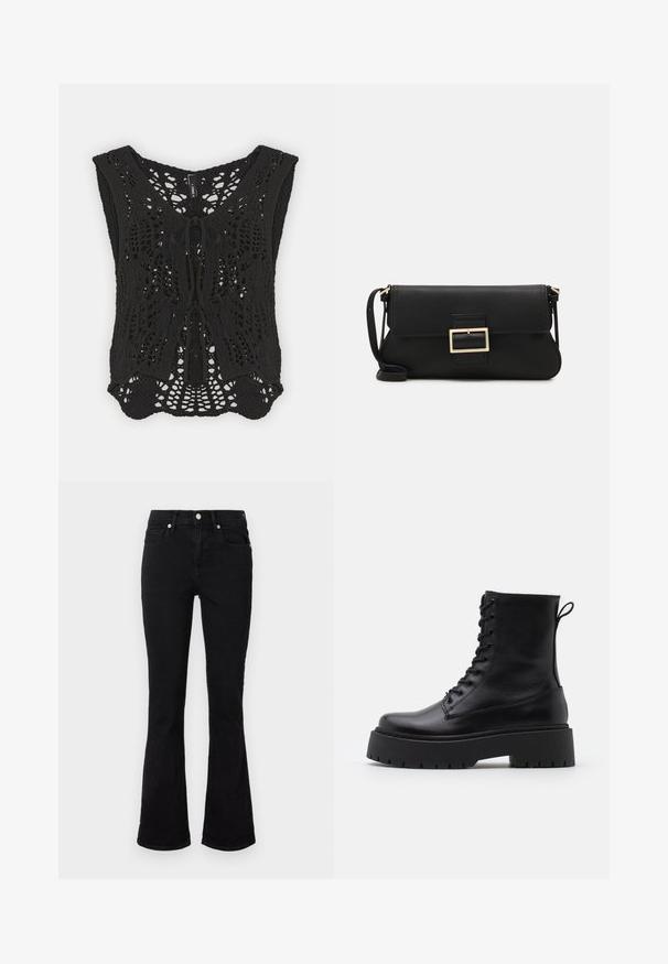 Must mustri v-kaelusega, keeruka avatootega ja eessidega. Laisk lõige ja laiad käeaukud.; Mustvalge lühendatud sviiter, mille kaunistavad lille- ja loomamustrid, ribatreeritud varrukad ja kaelus, valmistatud pehmest kudumist.; Mustad flared teksasaapad, millel on keskmise tõusuga vöökoht, eesmine taskud ja nupplikuga kinnistus. Sile tekstuur minimaalse õmbluste detailidega.; Mustad mustad nahast pahkluu saapad ümarate varvastega, nööridega esiosas ja paksu kummist talla ning tekstuuritud mustriga. Tagumine tõmbeaas.; Must haben musta nahkklahviga kott, millel on klapp ja kuldne metallist pandla detail. Kaasas must rihm ja stiilne, minimalistlik disain.